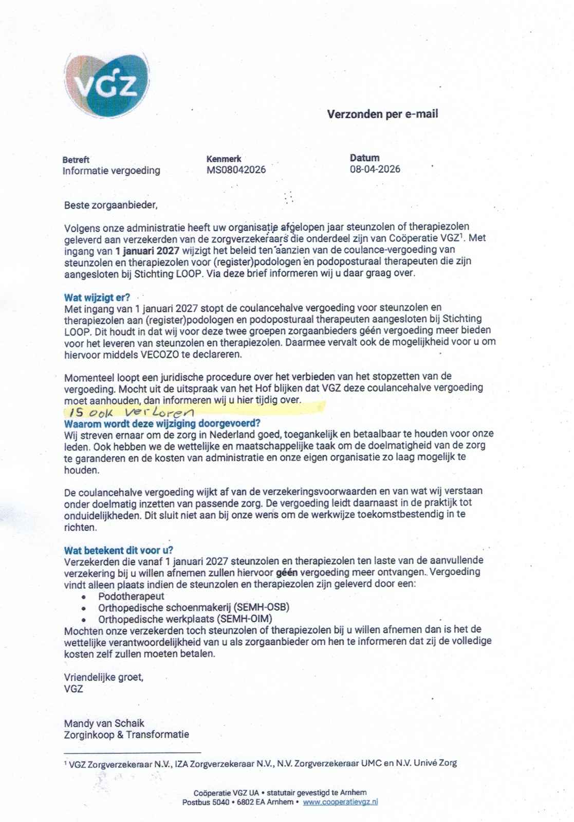 VGZ STOPT PER 01-01-2027 DE VERGOEDINGEN VIA AANVULLENDE VERZEKERING